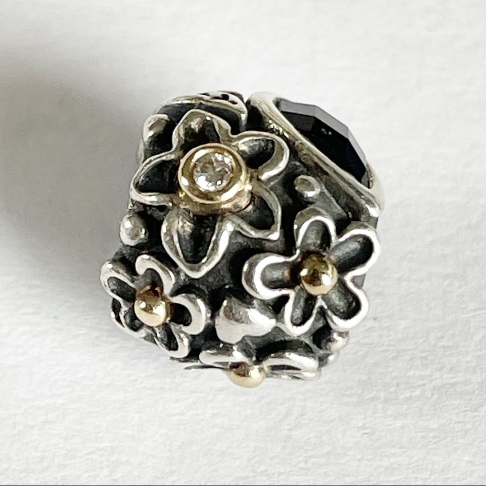 Pandora Dew Drops on Flowers Diamond Charm w/14k Details, Onyx & Diamonds